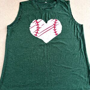 Women's Baseball Shirt Green with Baseball Heart XL Sleeveless